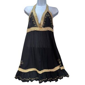 Womens Semi Sheer Halter Dress Black Gold Flowy Embroidered Boho Open Back Beach
